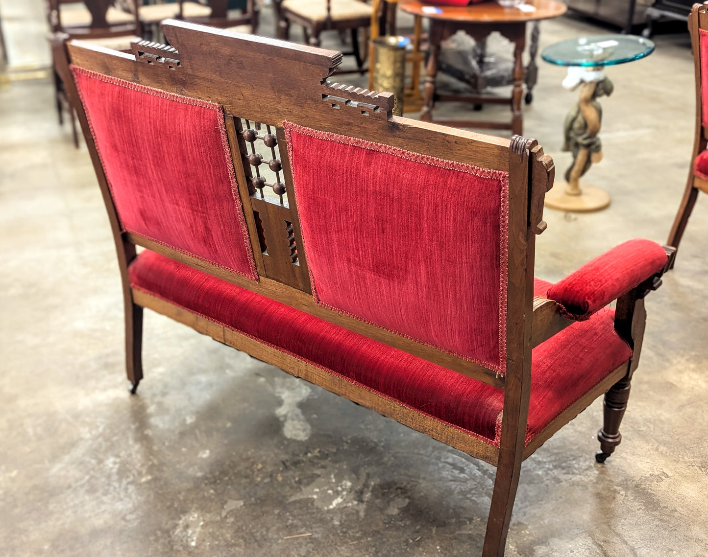 Eastlake Victorian Red Velvet Settee