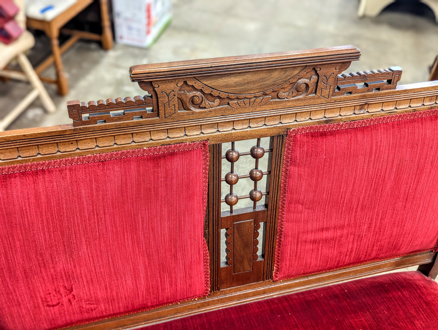 Eastlake Victorian Red Velvet Settee