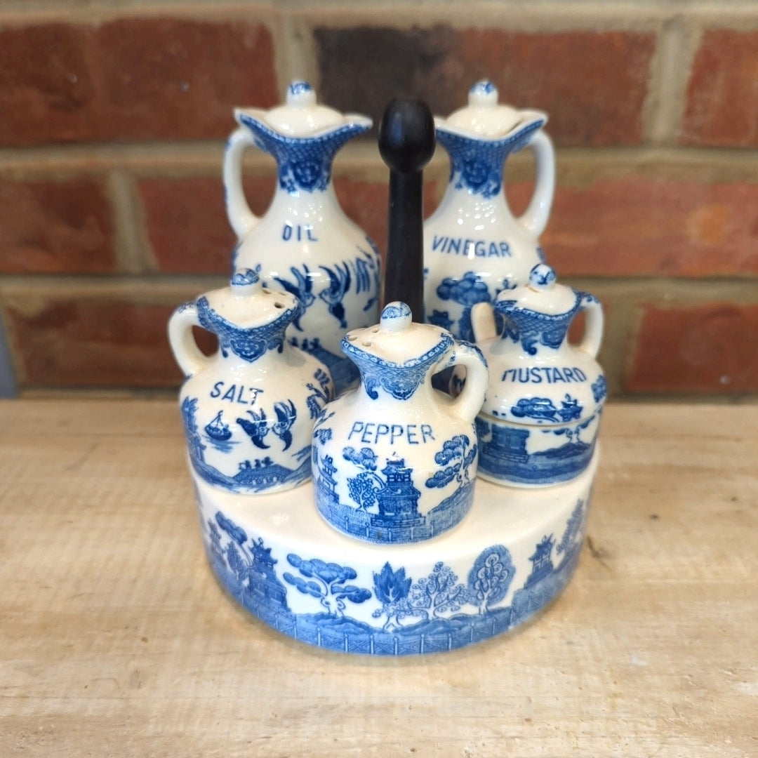 Vintage 10pc Willow Porcelain Cruet Set