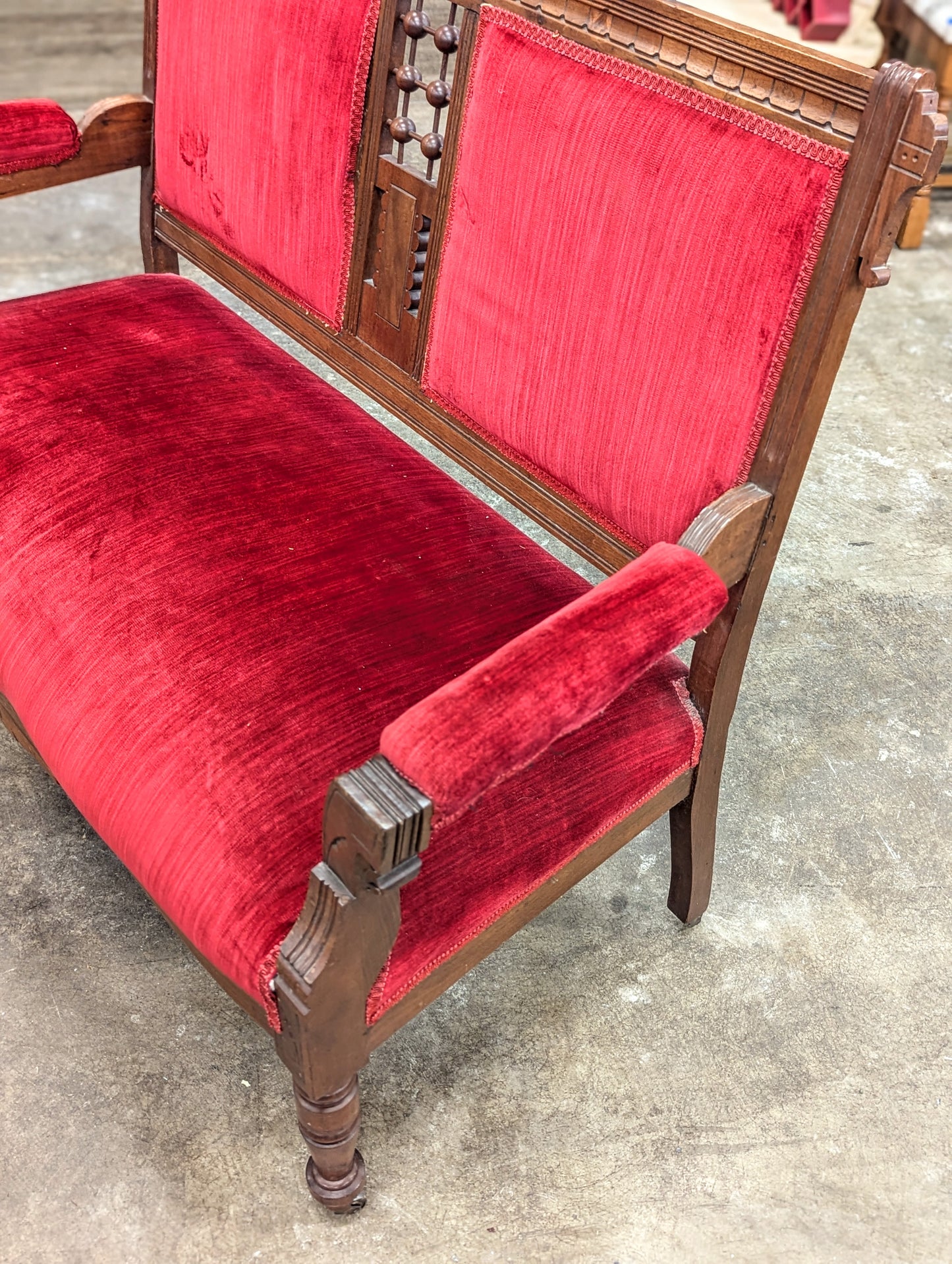 Eastlake Victorian Red Velvet Settee