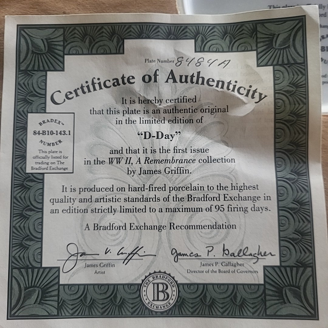 D Day WWII Remembrance Plate, Framed and Certificate of Authenticity