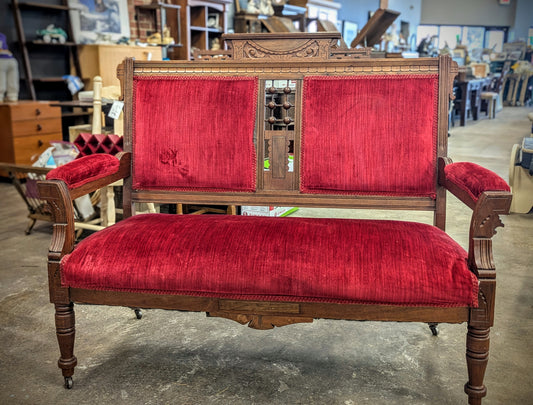 Eastlake Victorian Red Velvet Settee