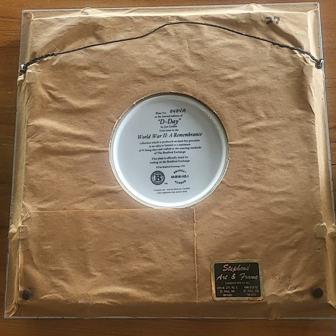 D Day WWII Remembrance Plate, Framed and Certificate of Authenticity
