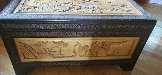 Trunk-Asian Motif Hand Carved Wood Storage
