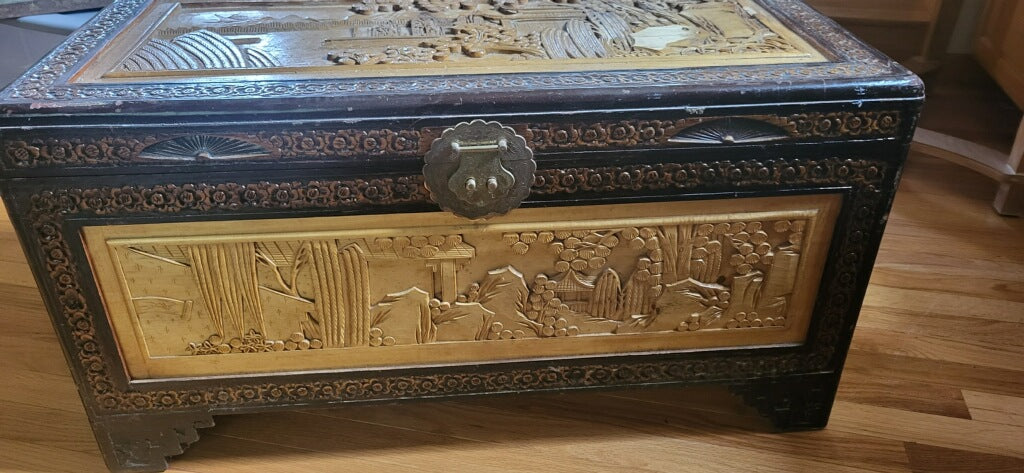Trunk-Asian Motif Hand Carved Wood Storage